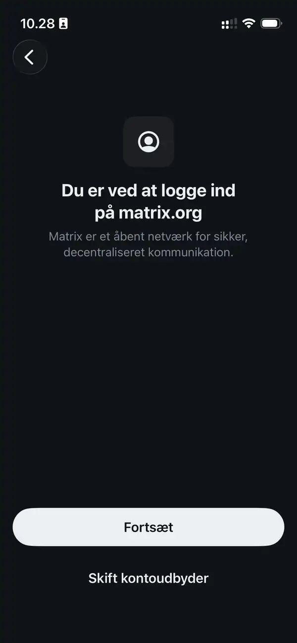 Element X login skærm med "Skift kontoudbyder" knappen fremhævet