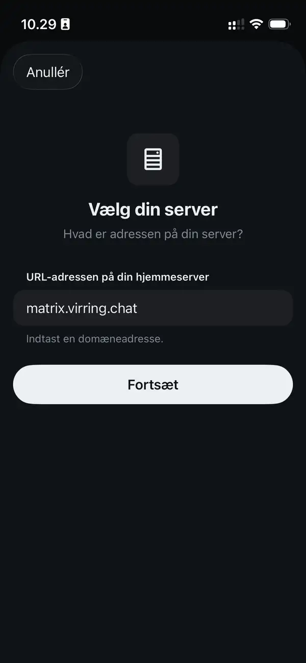 Element X skærm til at ændre chat server adresse