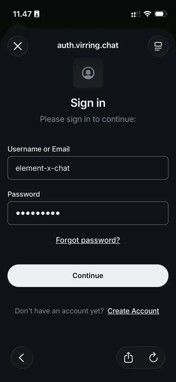 Element X login skærm med felter til at indtaste brugernavn og adgangskode