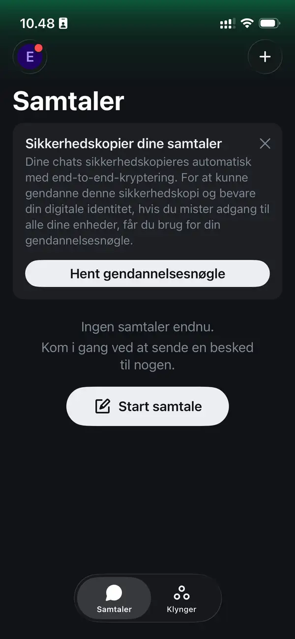 Element X startskærm med "Hent gendannelsesnøgle" knappen