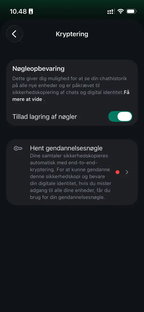 Element X skærm med krypteringsindstillinger og "Hent gendannelsesnøgle" knappen