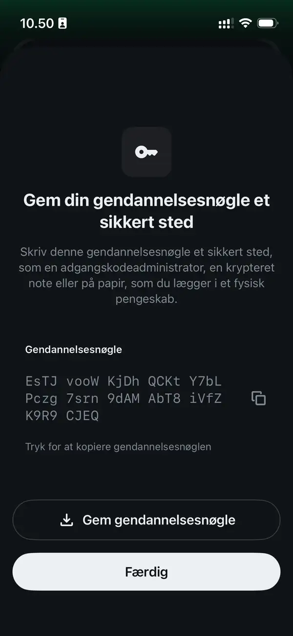 Element X skærm med gendannelsesnøgle og "Færdig" knappen
