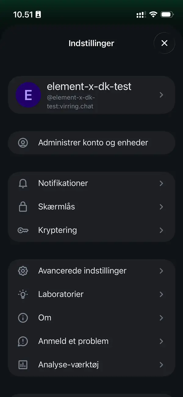 Element X skærm med indstillinger og "Skærmlås" knappen