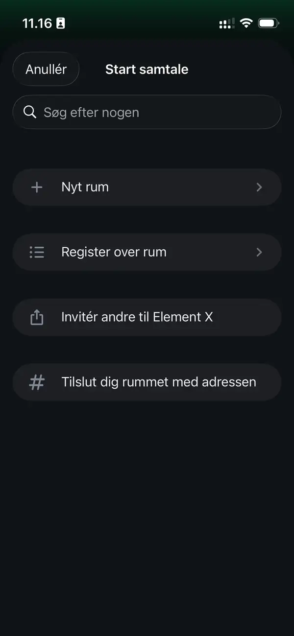 Element X skærm for ny samtale.