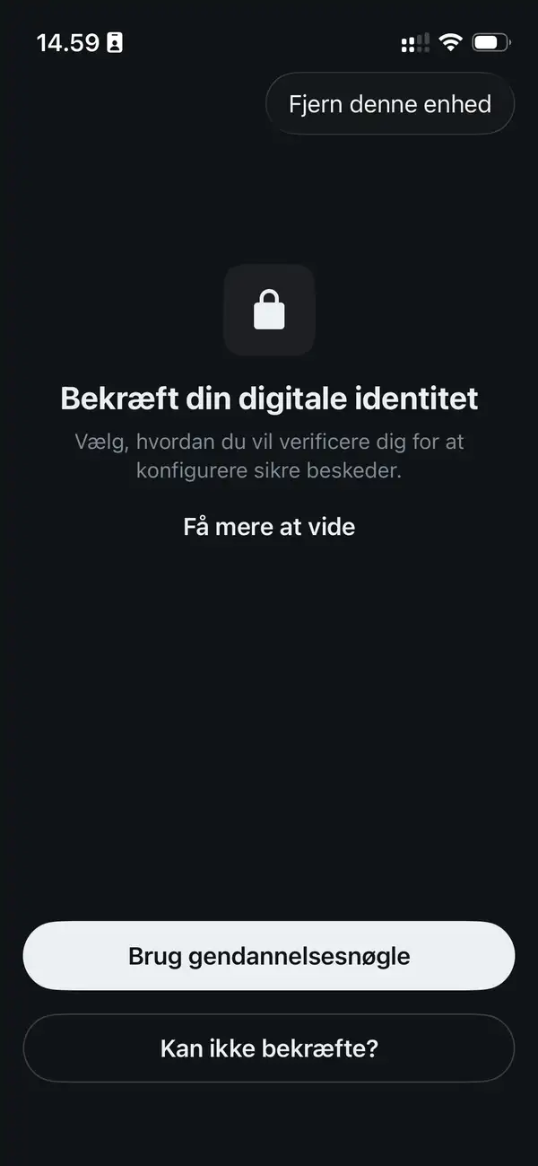 Element X skærm for at bekræfte digital identitet med "Brug gendannelsesnøgle" knappen
