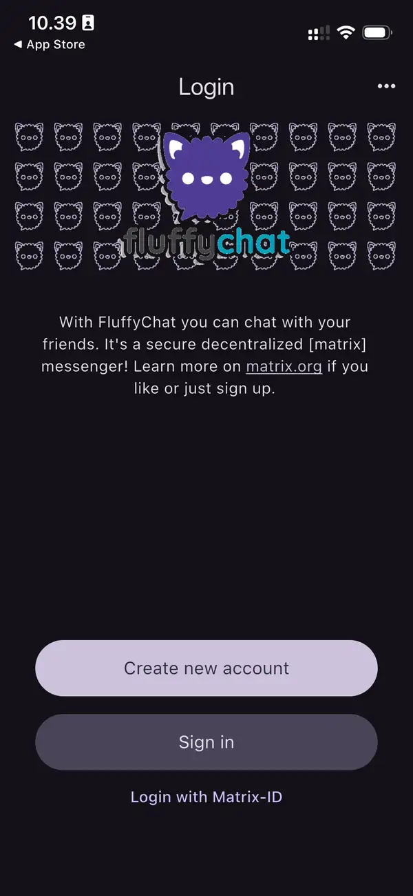 Login-skærm i Fluffy Chat appen