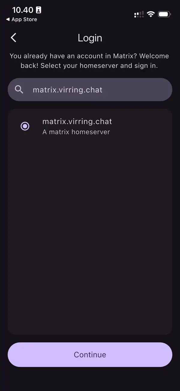 Login med chat-serveren i Fluffy Chat appen