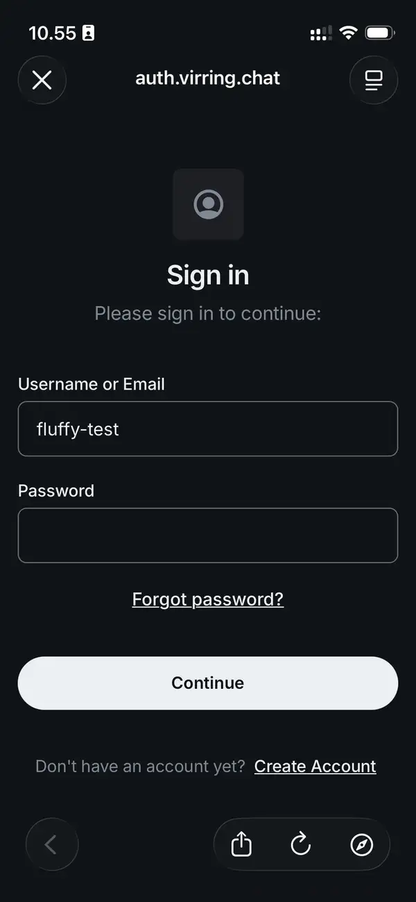 Indtast login-oplysninger på auth.virring.chat for at logge ind i Fluffy Chat appen