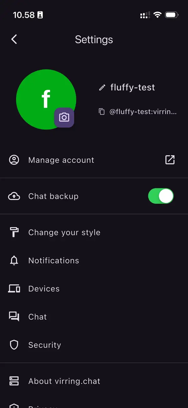 Indstillinger i Fluffy Chat appen