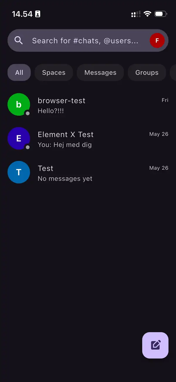 Oversigtsskærm i Fluffy Chat appen efter opsætning som ekstra enhed